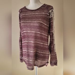 Brown and tan striped thin sweater with cream crochet accents